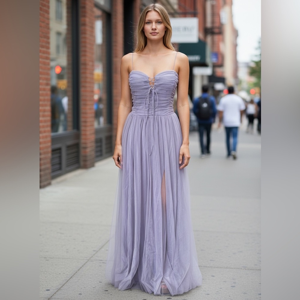 Lovely Day Lavender Lace-Up Spaghetti Strap Tulle Maxi Dress L